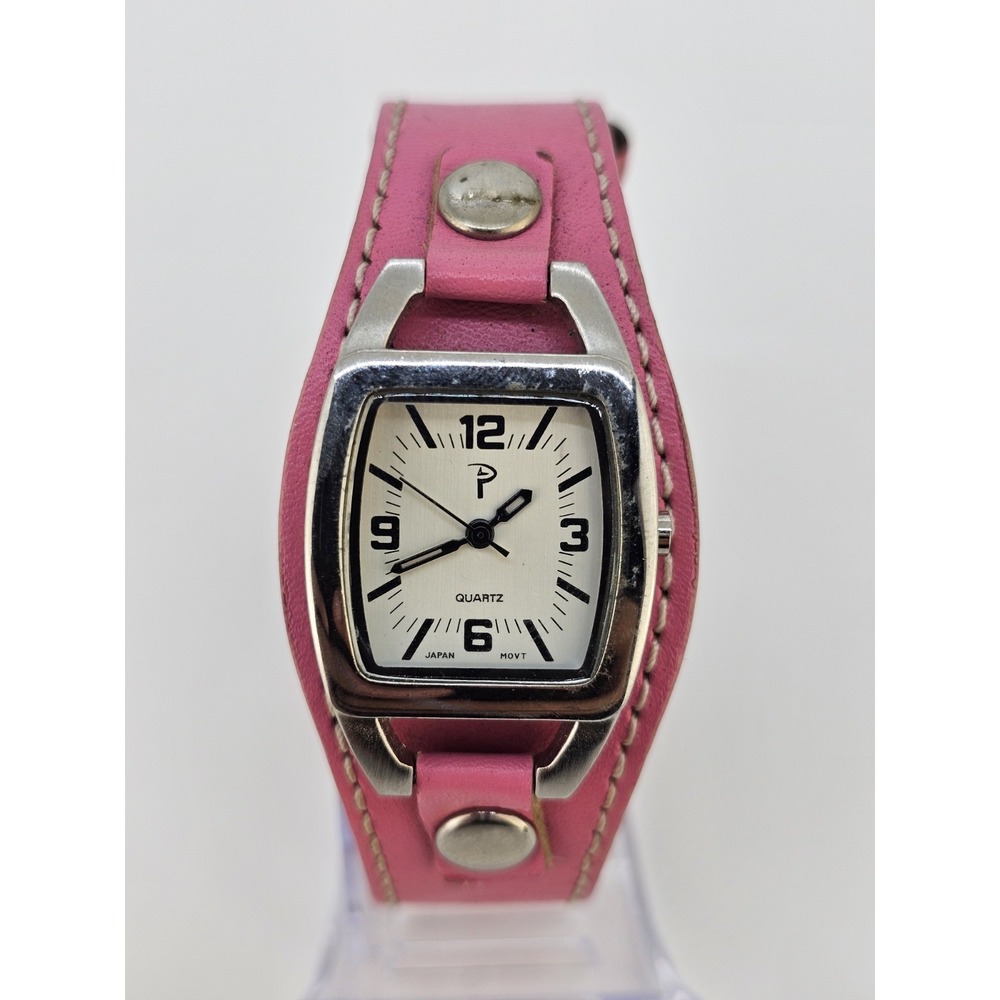 25MM Women's Analog Watch Gray Dial Pink Leather Band NEW Battery